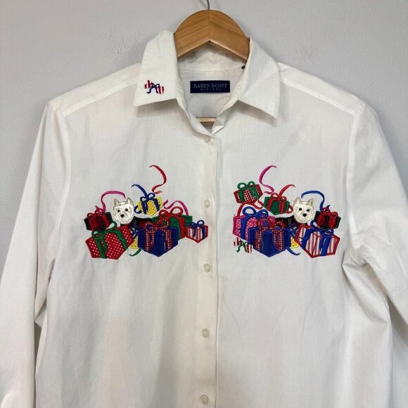 Karen Scott Holiday Scottie Presents Button Front Shirt White Size Petite Medium - Picture 2 of 16